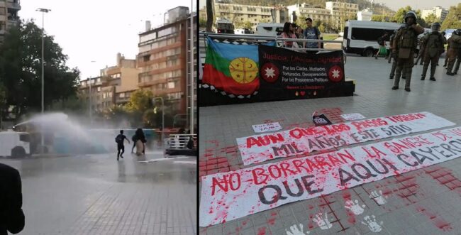 LA PRIMERA DUCHA EN MESES: CARABINEROS MOJÓ A LOS OCTUBRISTAS PASTABASEROS QUE PROTESTARON POR EL FIN DEL “JARDÍN DE LA RESISTENCIA” LA PRIMERA DUCHA EN MESES: CARABINEROS MOJÓ A LOS OCTUBRISTAS PASTABASEROS QUE PROTESTARON POR EL FIN DEL “JARDÍN DE LA RESISTENCIA”